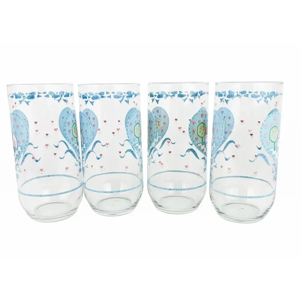 Vintage Cottagecore Farmhouse Folk Art Heart Blue Bow 12 oz Water Glasses Set 4
